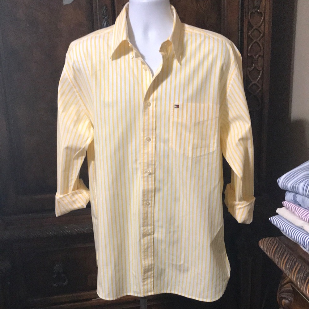 Tommy Hilfiger Yellow and White Casual Button Down Shirt (like new